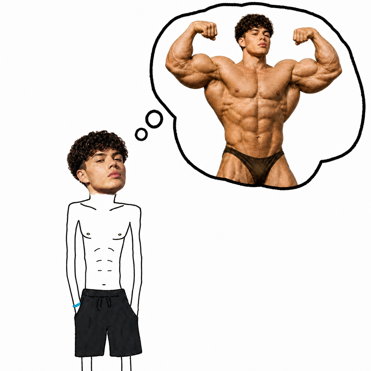 A skinny MS Paint gym beginner imagines the same face on an enormous bodybuilder inside a thought-shaped mirror.