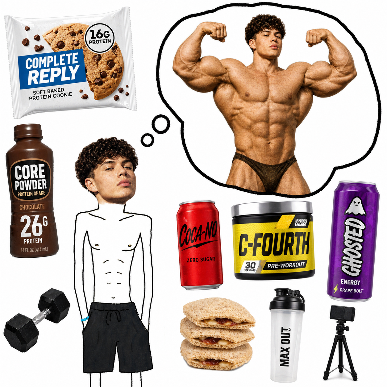 Ironic collage of the Mirror Maxxer character surrounded by parody protein snacks, energy drinks, a dumbbell, shaker, and phone tripod.